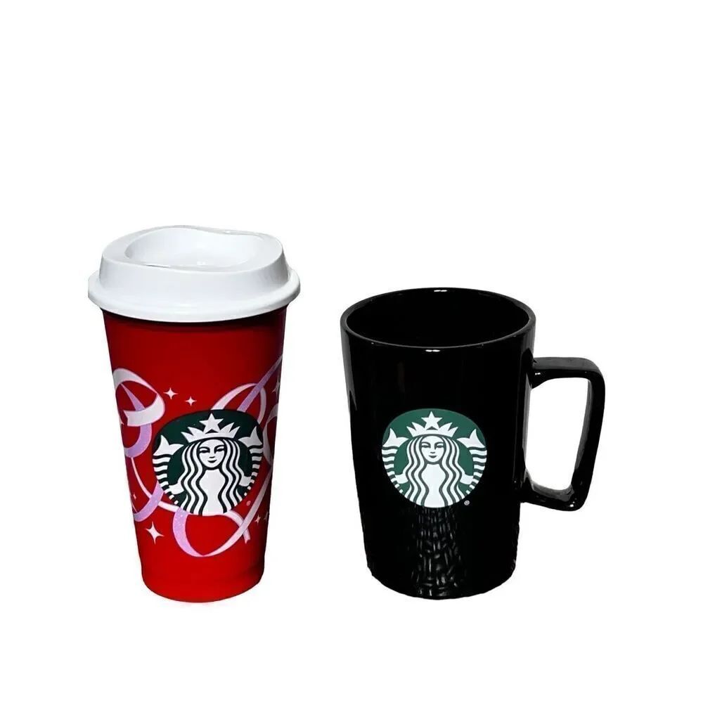 Starbucks 2020 Black 15oz Ceramic Coffee Mug with 2013 Red Holiday Cup